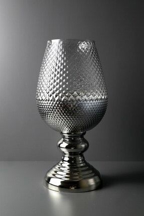 Gri Cam Gümüş Ayaklı Dekoratif Kısa Vazo JHAKT0571