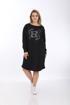 Kadın Büyük Beden Siyah Tiyatro Desen Taşlı Elbise 99633
