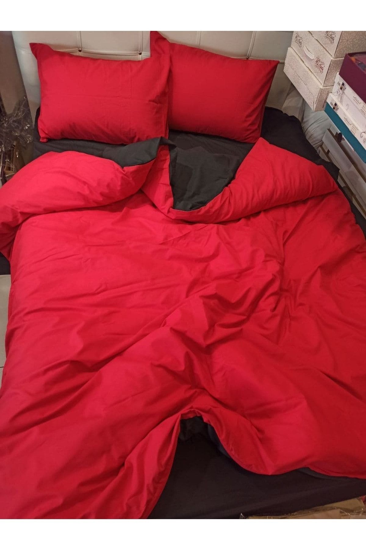 ŞENER HOME-Double Color Single Duvet Cover Set with Double Sided Usable Sheet Elastic - Red, Black 5