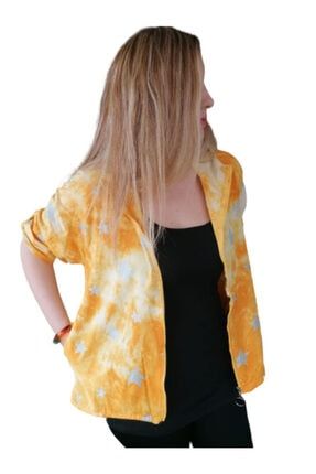 Kadın Sarı Yıldız Baskı Batik Desen Kapüşonlu Ince Trend Ceket A36-052