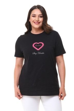 Büyük Beden Kalp Baskılı T-shirt Siyah TST0058Y0030