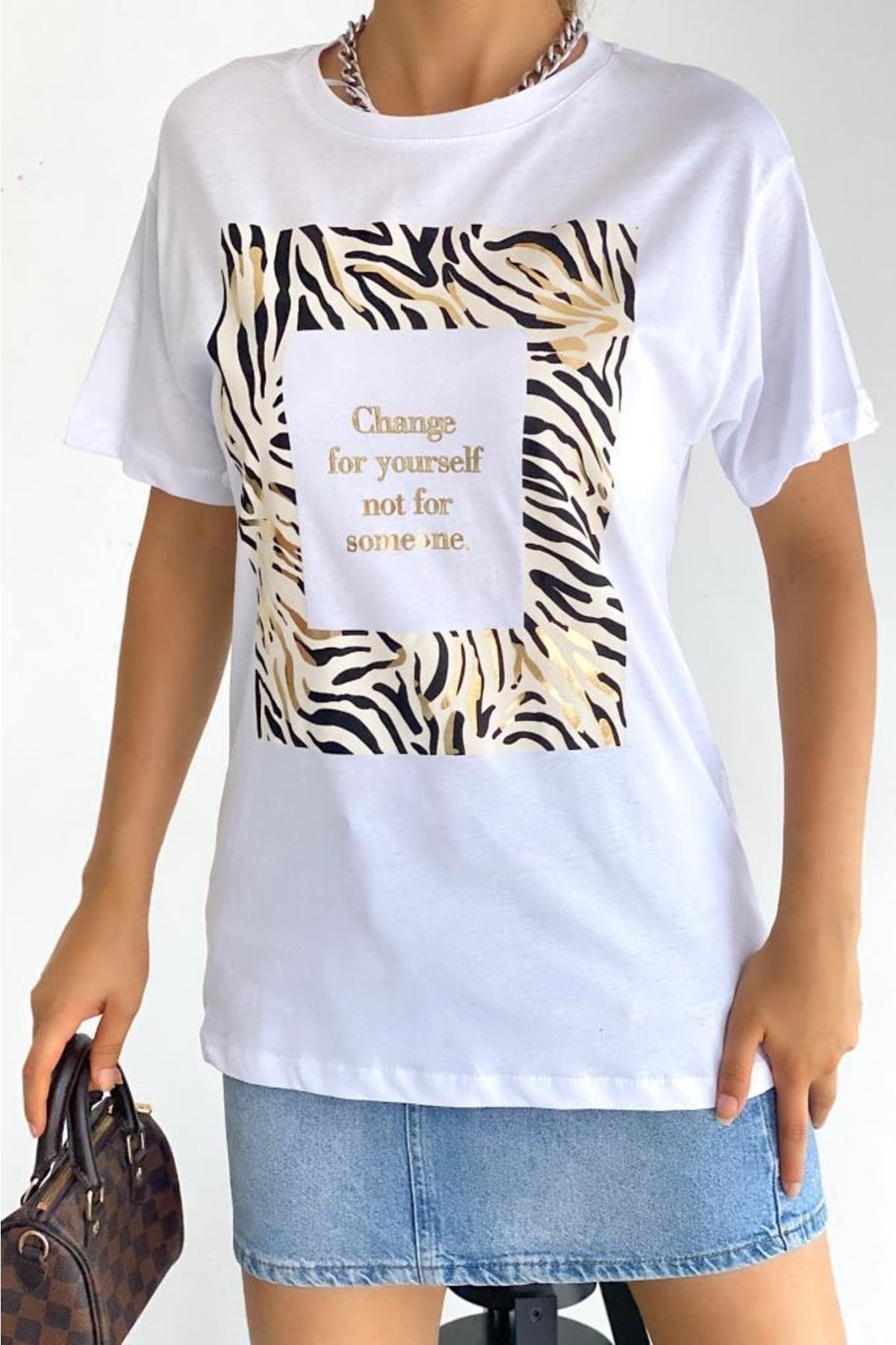 Women's Crew Neck Foil Printed Cotton T-shirt