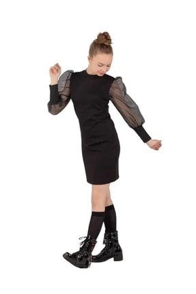 Kız Çocuk Siyah Karpuz Kol Compac Çelik Full Likra Mezuniyet Elbisesi DMBALONKOL8794544