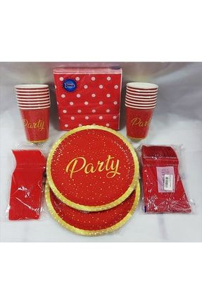 Party Doğum Günü Kırmızı Set Tabak 16 Adet - Bardak 16 Adet-peçete 20 Adet-kaşık 25 Ad.-çatal 25 Ad. PARTY