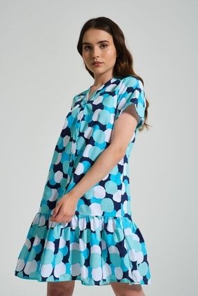Kadın Mavi Düğmeli Eteği Volanlı Elbise PA-EBS025