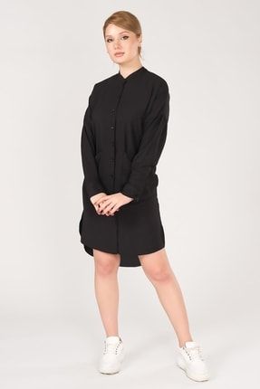 Kadın Ayrobin Kumaş Dik Yaka Çift Cep Tunik Gömlek Siyah ALP.576