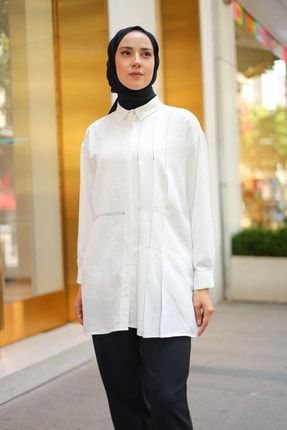 Kadın Beyaz Düğmeli Yazlık Pamuklu Ayrobin Tunik Gömlek BRY5475