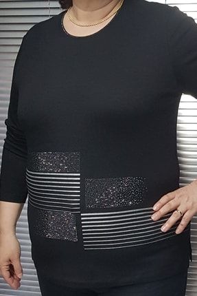 Kadın Büyük Beden Siyah Yuvarlak Yaka Ön Detaylı Triko Bluz Dty1035 DTY1035