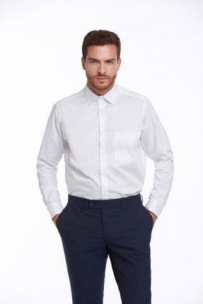 Erkek Beyaz Comfort Fit %100 Pamuk Uzun Kollu Saten Gömlek 22D190000037
