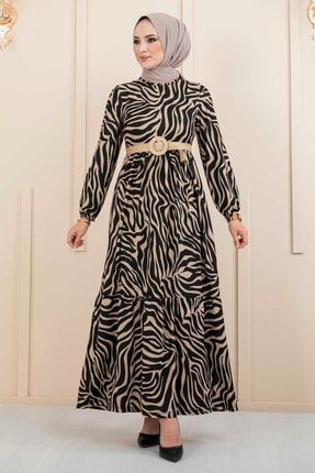 Zebra Desen Hasır Kemerli Tesettür Elbise 589225-122M00811101