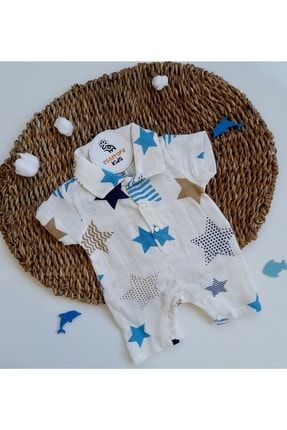Erkek Bebek,beyaz Mavi Yıldız Desenli Organik Bebek Müslin Tulum ES165