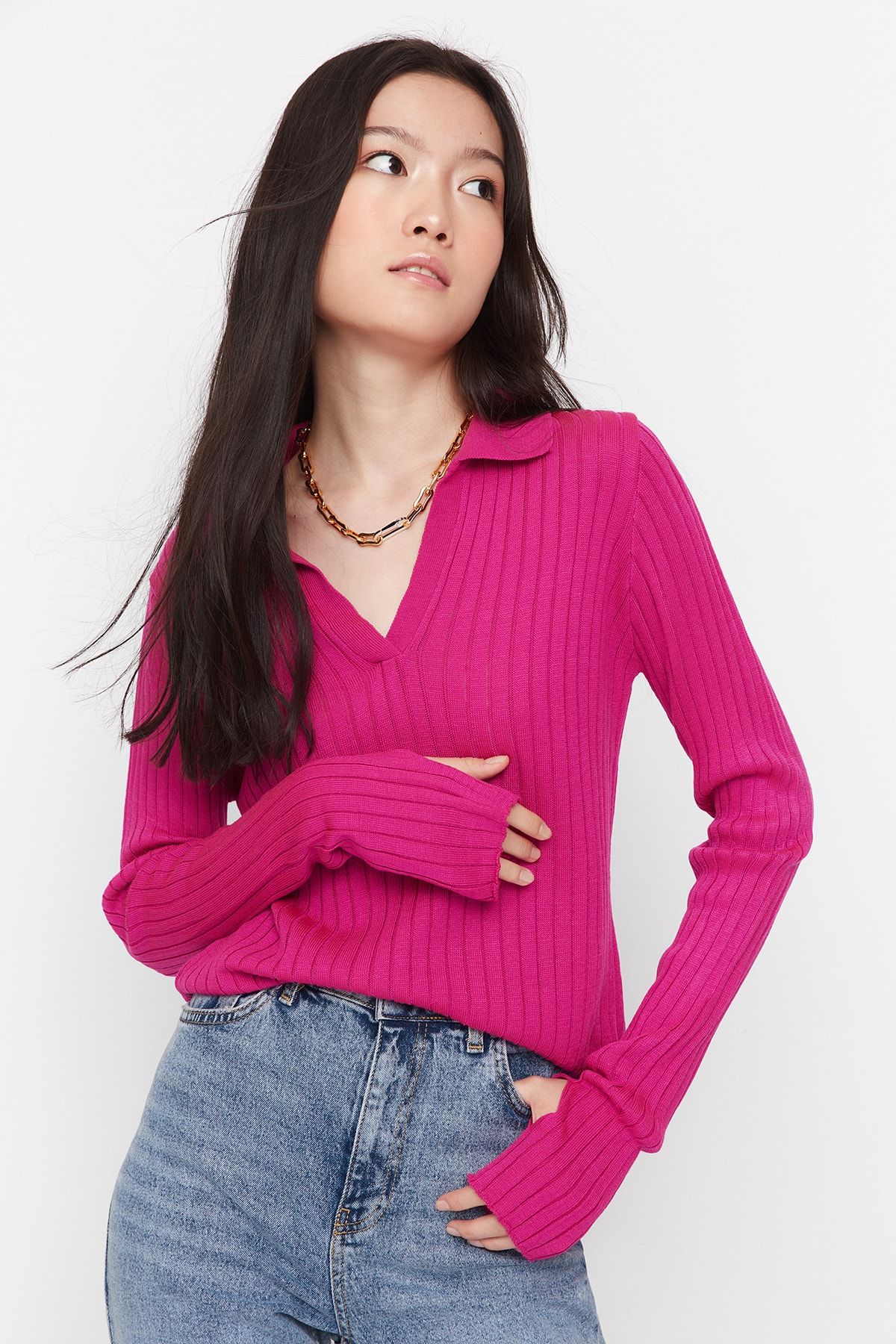 Trendyol Collection-Fuchsia Ärmel Detail Polo Kragen Trikot Pullover TWOAW21KZ1113 2