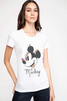 Beyaz Renk Mickey Mouse Model Baskılı Pamuk Kadın Tshirt 6734577474534565