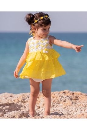 Kız Bebek Yazlık Sarı Ponpon Detaylı Papatya Desen Örgü Elbise 21008