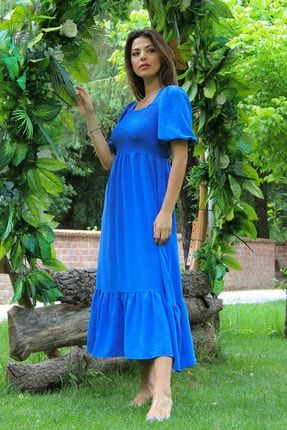 Kadın Mavi Gipeli Kare Yaka Uzun Ayrobin Elbise Lptr04 LPTR04