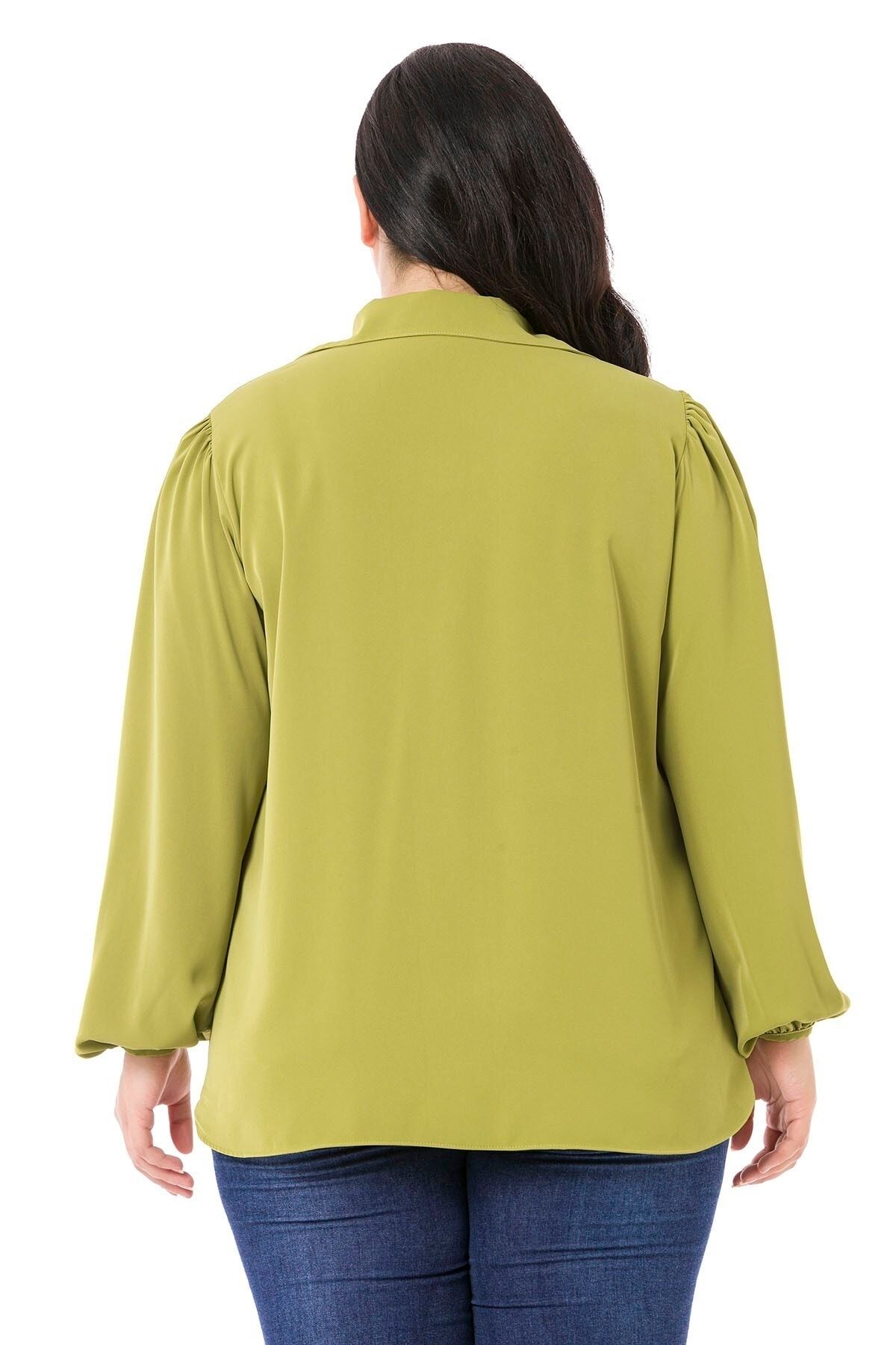 DISENTIS MODEST-Green Plus Size Blouse - Ruffle Collar, Drawstring Shoulder and Buttoned Sleeve 3