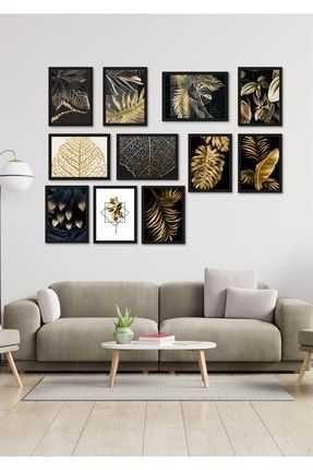 12li Siyah Çerçeve Görünümlü Gold Yapraklar Duvar Dekoru Salon Oturma Yatak Odası Için Tablo Seti NT0X00235