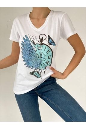 Mavi Saat Kelebek Desenli Kadın Tshirt 522