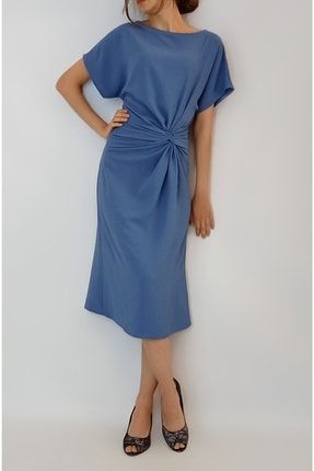 Kadın Indigo Mavi Düğüm Detaylı Midi Elbise Yy100770 YY100770