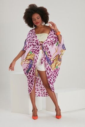 Kadın Mor Yarasa Kol Midi Polyester Desenli Allover Baskılı Oversize Dokuma Kimono Ceket YL-KM99966