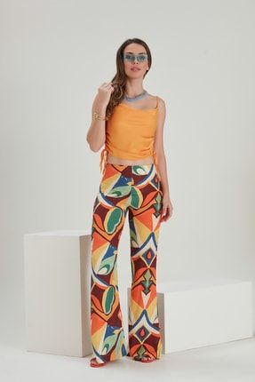 Kadın Krem Rengi Desenli Regular Fit Casual Dokuma Pantolon YL-PN99519