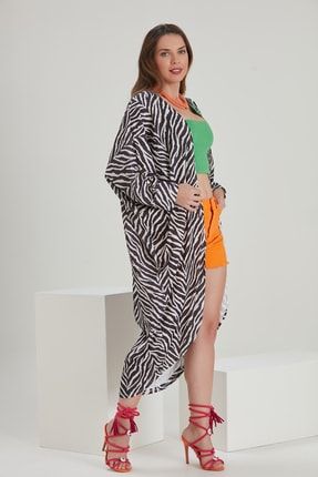 Kadın Siyah Desenli Oversize Casual Dokuma Kimono Ceket YL-KM99956