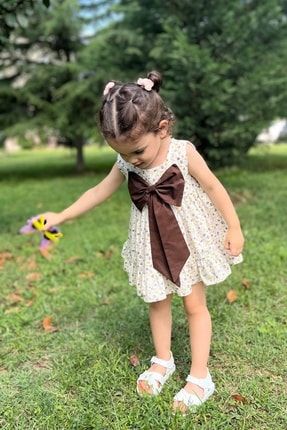 Fiyonk Detaylı Kare Yaka Çiçekli Kahverengi Kız Çocuk Bebek Elbise 867BBK