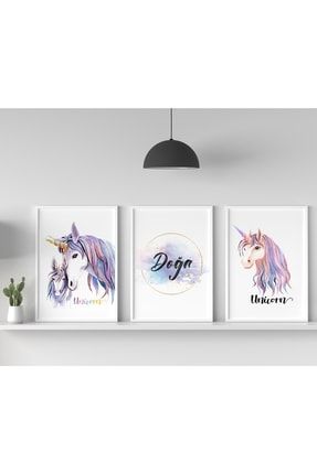 3'lü Poster Tasarımı, Dekor, Afiş, Tablo, Çocuk Odası, Bebek Odası, Unicorn, Beyaz Çerçeveli t568y