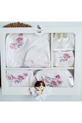 Kiz Bebek,pembe Çiçek Nakişlı,baskılı Beyaz 10 Lu Hastane Çıkışı ES0057