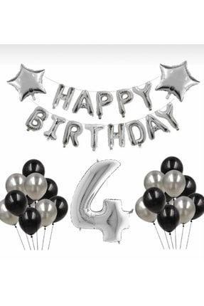 4 Yaş Doğum Günü Seti - Siyah Gümüş Balon Ve Gümüş 4 Folyo Balon - Gümüş Happy Birtday Folyo Balon LTS-BLN0655