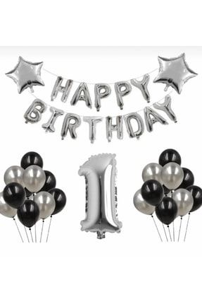 1 Yaş Doğum Günü Seti - Siyah Gümüş Balon Ve Gümüş 1 Folyo Balon - Gümüş Happy Birtday Folyo Balon LTS-BLN0652