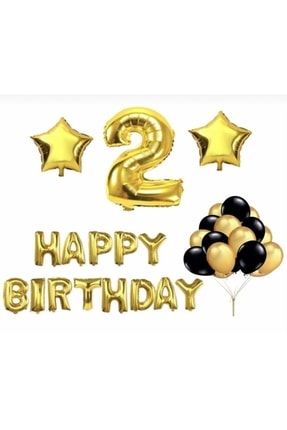 2 Yaş Doğum Günü Seti - Siyah - Gold Balon Ve Gold 2 Folyo Balon - Gold Happy Birtday Folyo Balon LTS-BLN0662