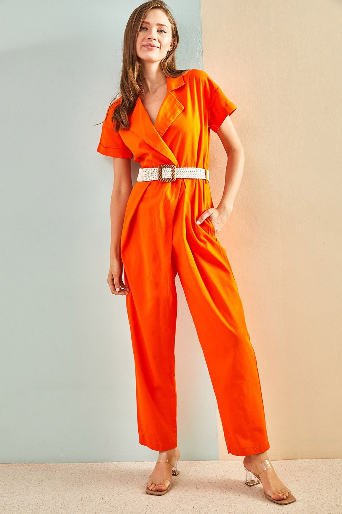 Orange silk jumpsuit clearance