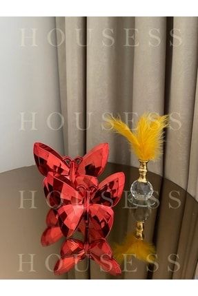 Dekoratif Kırmızı Kelebek Ve Gold Tüylük Biblo Süs HSS-KLBKS17