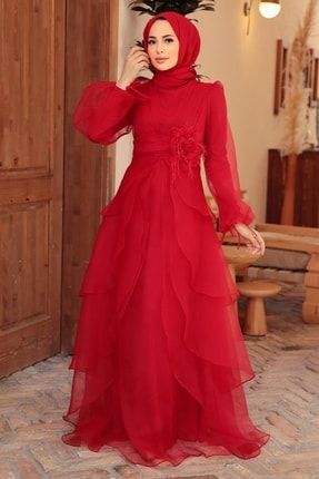 Tesettürlü Abiye Elbise - Kat Kat Kırmızı Tesettür Abiye Elbise 22480k EGS-22480