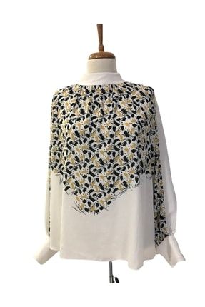 Kadın Beyaz Krep Şifon Desenli Bluz Butika535