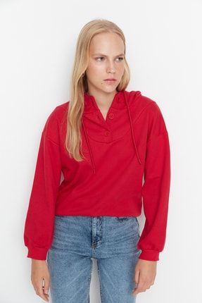 Kırmızı Kapüşonlu Loose Örme Sweatshirt TWOAW23SW00019
