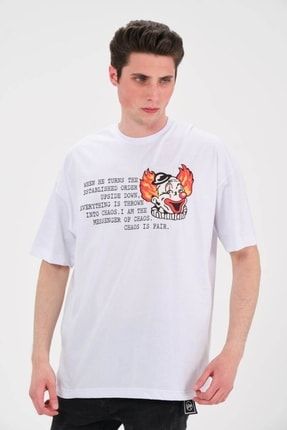 Beyaz Palyaço Baskılı Peçli Oversize Tshirt 4206