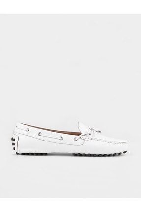 Hakiki Deri Beyaz Fiyonk Detaylı Kadın Loafer Ayakkabı 104290
