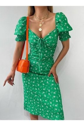 Kadın Bürümcük Kısa Kollu Bağlamalı Çiçek Desenli Midi Elbise Yeşil ELB0011