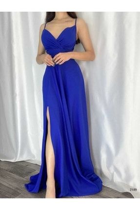 Trend Mavi Esnek Krep Kumaş Yırtmaç Detaylı Göğüs Dekolteli Uzun Elbise 582189 698 MAT-698