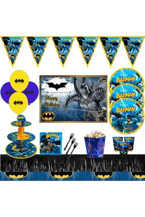 Betmen Metalize Afişli Kek Standlı Mısır Kutulu 8 Kişilik Doğum Günü Parti Malzemeleri Süsleri Seti fullbatman