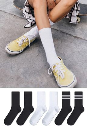 Düz Ve Çember Desenli Dört Mevsim Unisex 6'lı Çift Renk Beyaz Siyah Uzun Tenis Çorap Seti C1C64