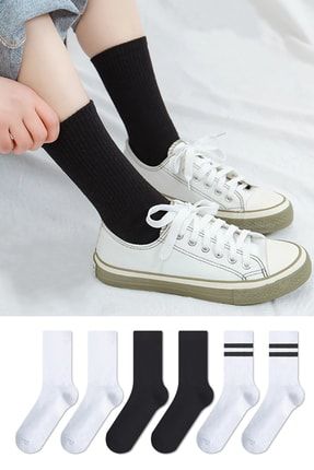 Düz Ve Çember Desenli Dört Mevsim Unisex 6'lı Çift Renk Beyaz Siyah Uzun Tenis Çorap Seti C1C65