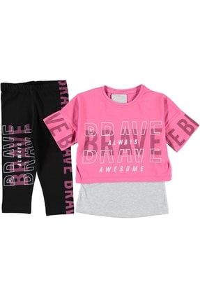 Brave Baskılı Tişört Tayt Kız Yazlık Çocuk Takımı 4/10 Yaş T-YDMK-18NH
