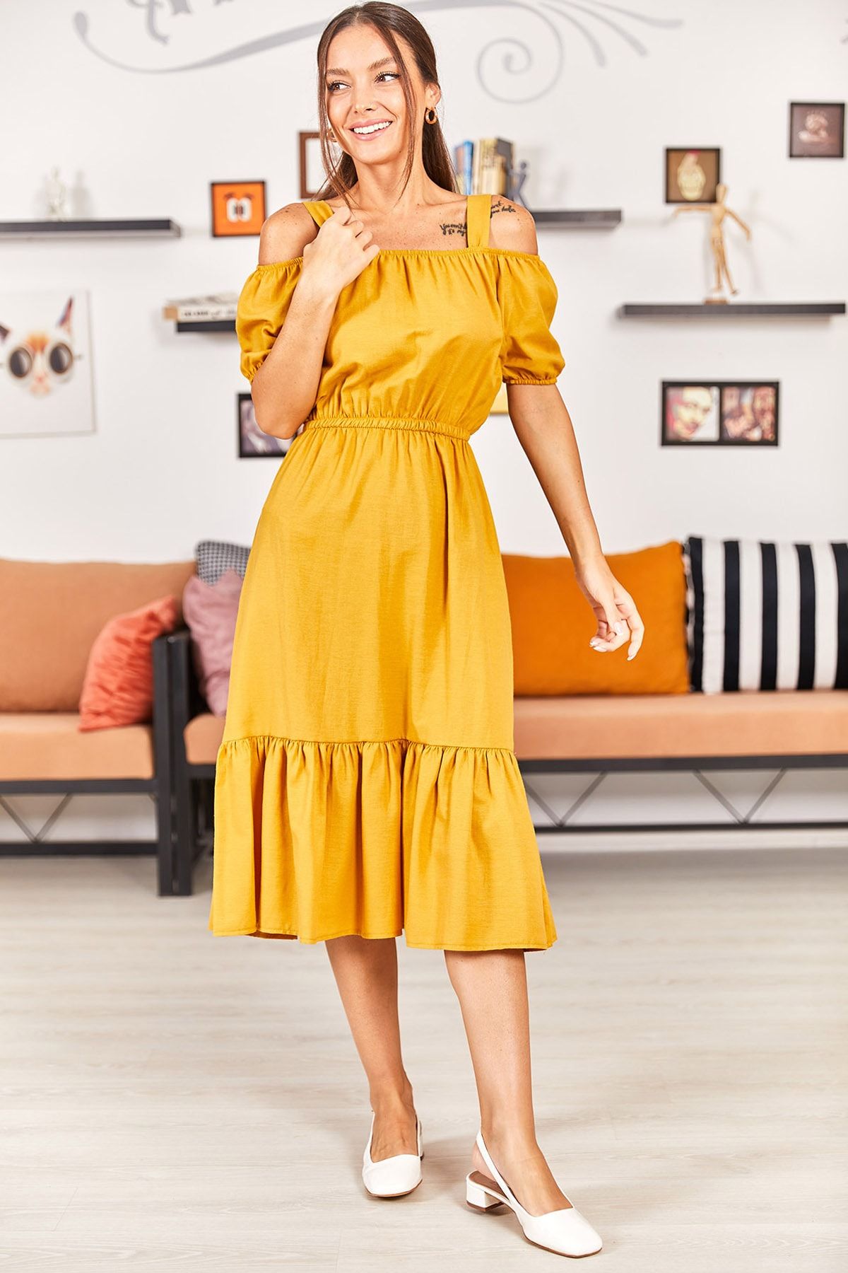 armonika Women s Mustard Waist Elastic Strap Dress ARM 21K001214