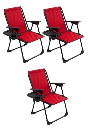 3 Adet Kamp Sandalyesi Katlanır Piknik Sandalye Dikdörtgen Bardaklıklı Kırmızı mnv_3KPSDB