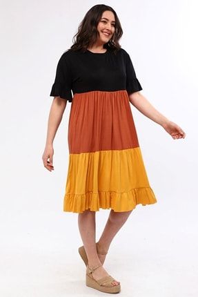 Kadın Büyük Beden Renk Bloklu Fırfırlı Hardal Elbise 6564