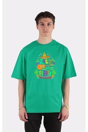 Yeşil Bisiklet Yaka Oversize T-shirt Cinco De Mayo Mexican Guitar Cactus T-shirt_em1193 YM1193