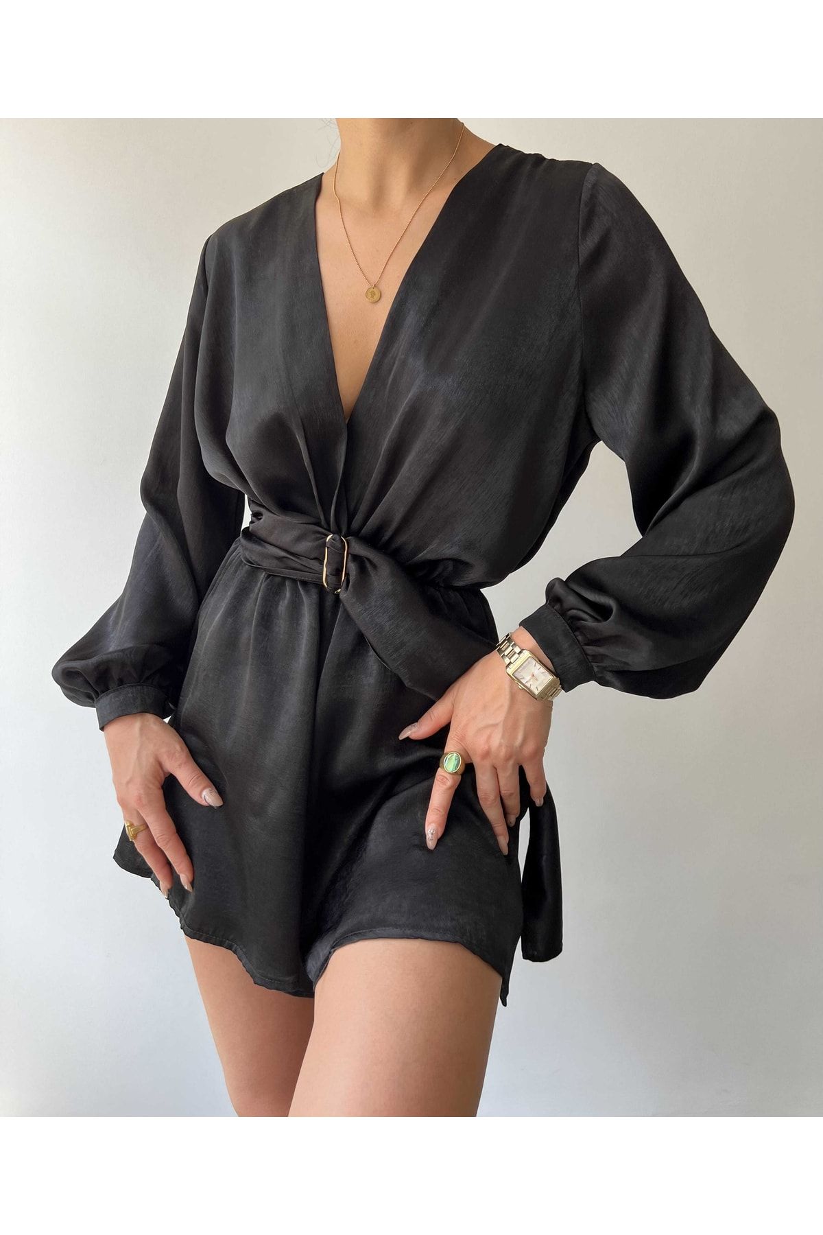 Black satin top playsuit